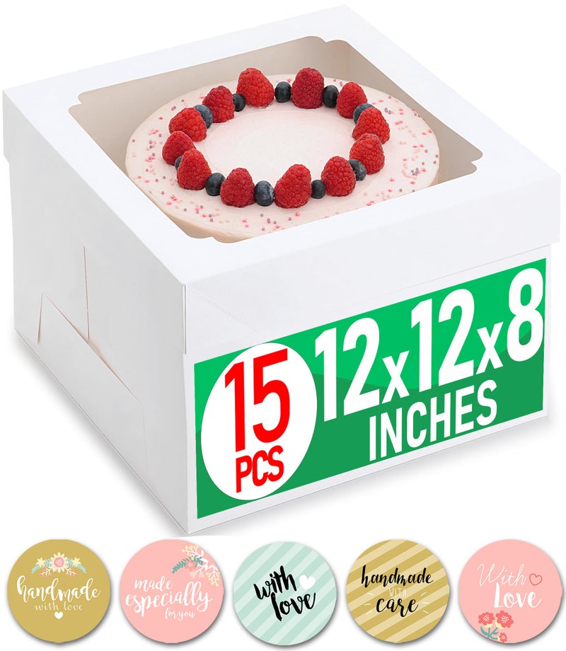 Baregamyan 12x12x8 Inch Cake Boxes 15 pcs, Large 12 Inch Cake Box with Window for 8 Inch Tall Tiered Bakery Cakes, Pies, Sturdy Square White Cardboard, Cake Decorating Supplies (80 Pcs Stickers) - Image 1