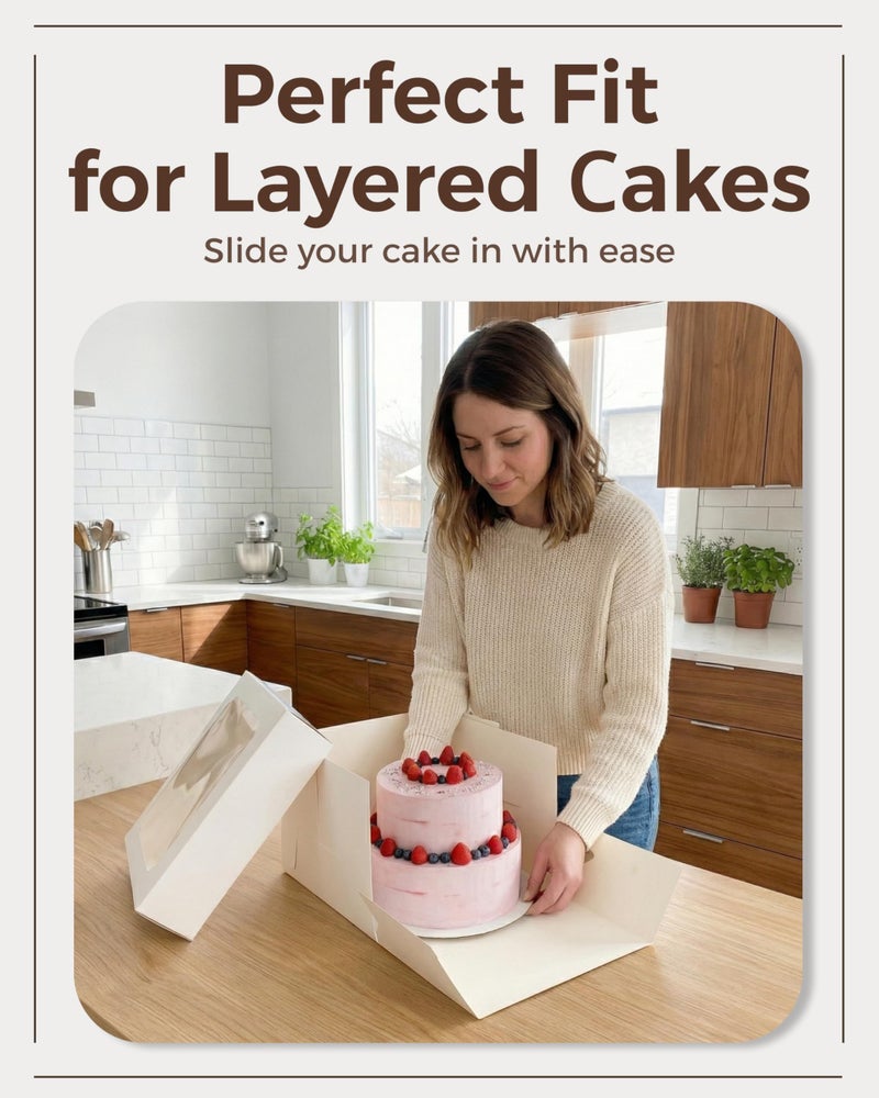 Baregamyan 12x12x8 Inch Cake Boxes 15 pcs, Large 12 Inch Cake Box with Window for 8 Inch Tall Tiered Bakery Cakes, Pies, Sturdy Square White Cardboard, Cake Decorating Supplies (80 Pcs Stickers) - Image 5
