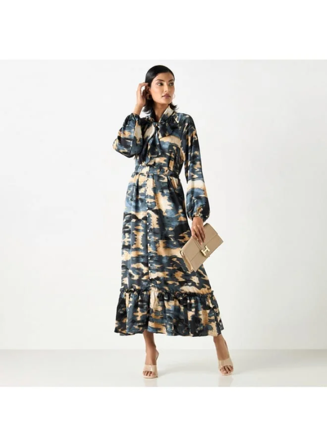 2Xtremz 2Xtremz All-Over Printed Maxi A-line Belted Dress with Neck Tie-Ups