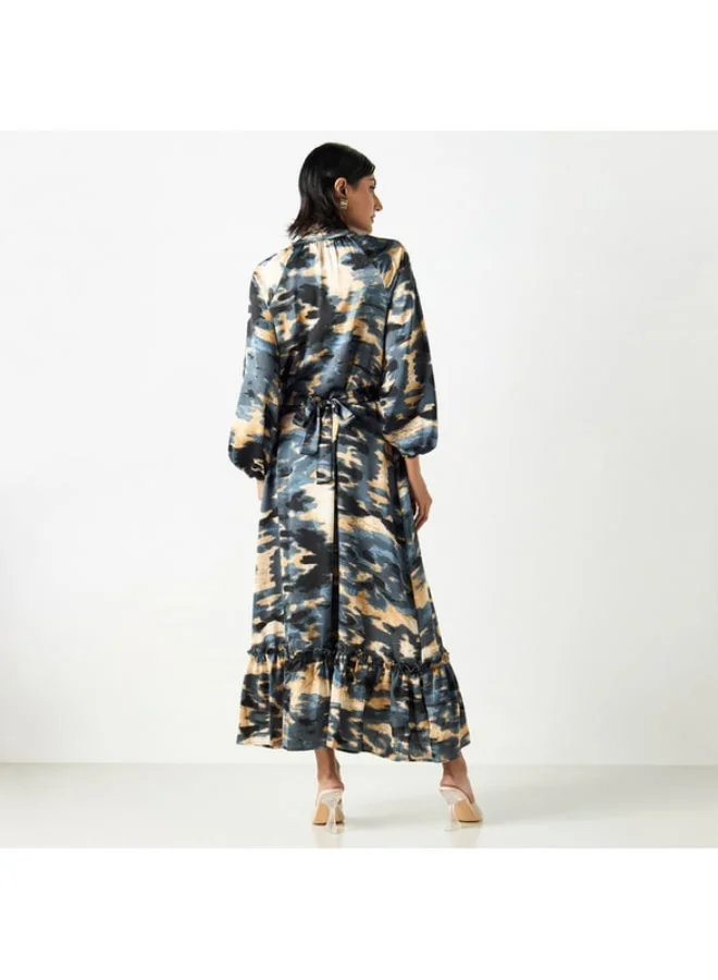 2Xtremz 2Xtremz All-Over Printed Maxi A-line Belted Dress with Neck Tie-Ups