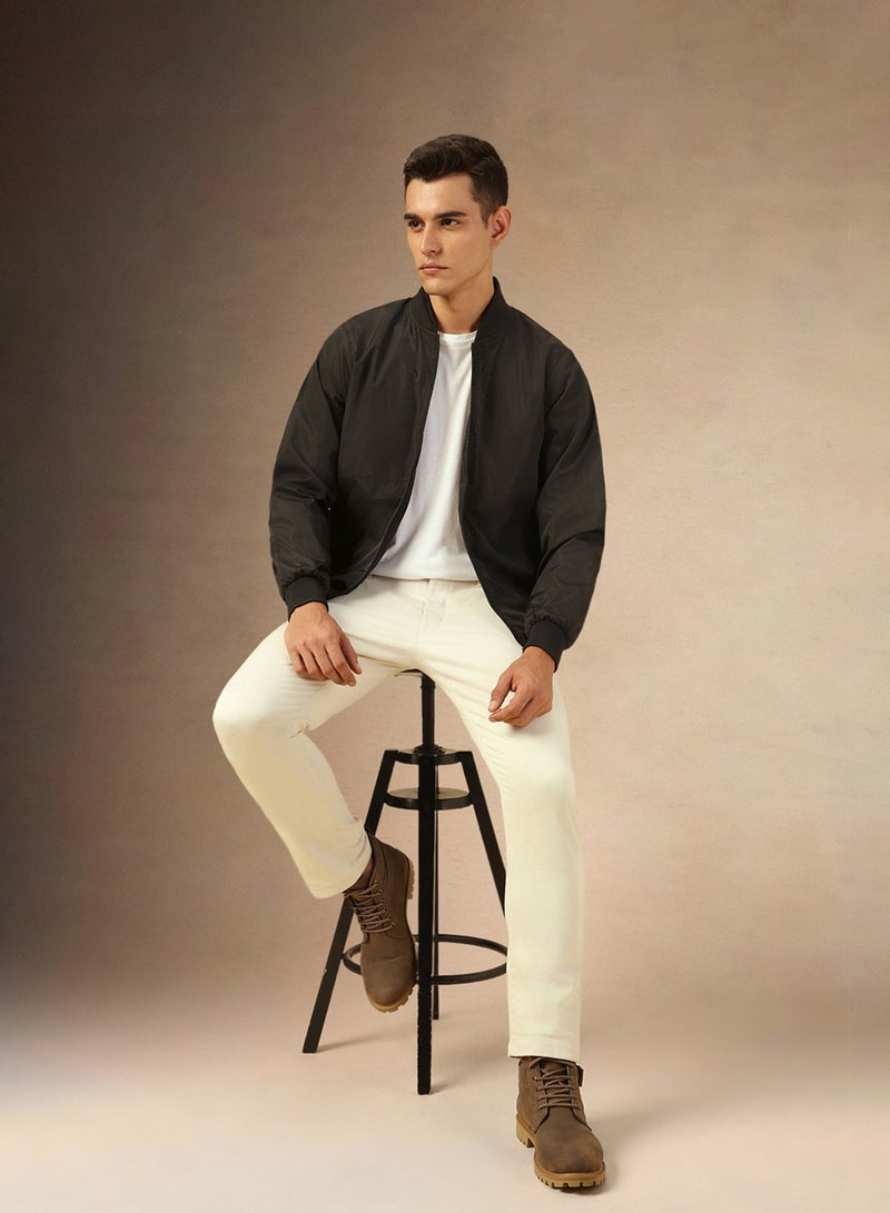 Dennis Lingo Men Stand Collar Solid Casual Bomber Jacket - Image 5