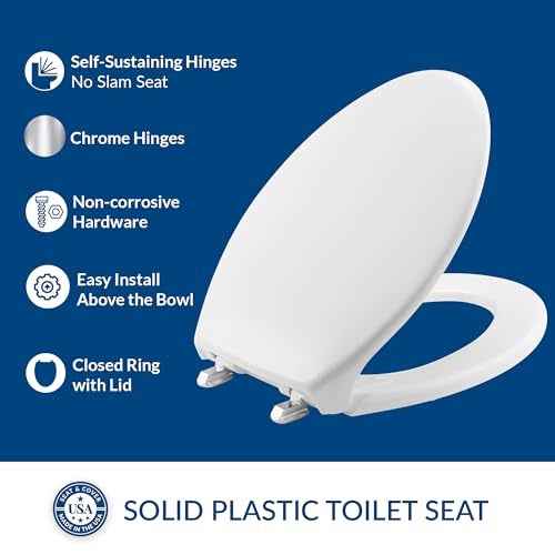 BEMIS 1900SS Commercial Heavy Duty Closed Front Toilet Seat with Cover, Industrial Seat with Chrome No Slam Hinges, Made in USA, Elongated, White - Image 3