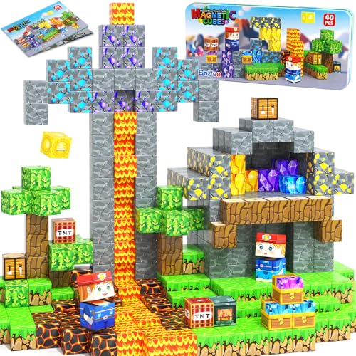 Soyee Magnetic Blocks Travel Toys with Metal Tin Travel Essentials STEM Learning Outdoor Building Kids Toddler Toys Birthday Gifts for Boys Girls Ages 3 - Image 1
