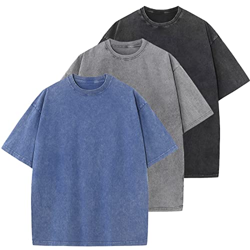 KEEPSHOWING 3 Pcs Oversized Heavy Cotton Summer T-Shirts Vintage Unisex Short Sleeves Casual Loose Basic Tops(A-Blue+Grey+Black 3XL) - Image 1