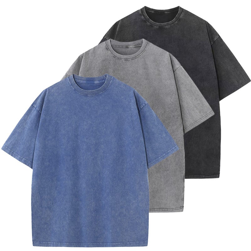KEEPSHOWING 3 Pcs Oversized Heavy Cotton Summer T-Shirts Vintage Unisex Short Sleeves Casual Loose Basic Tops(A-Blue+Grey+Black 3XL) - Image 4