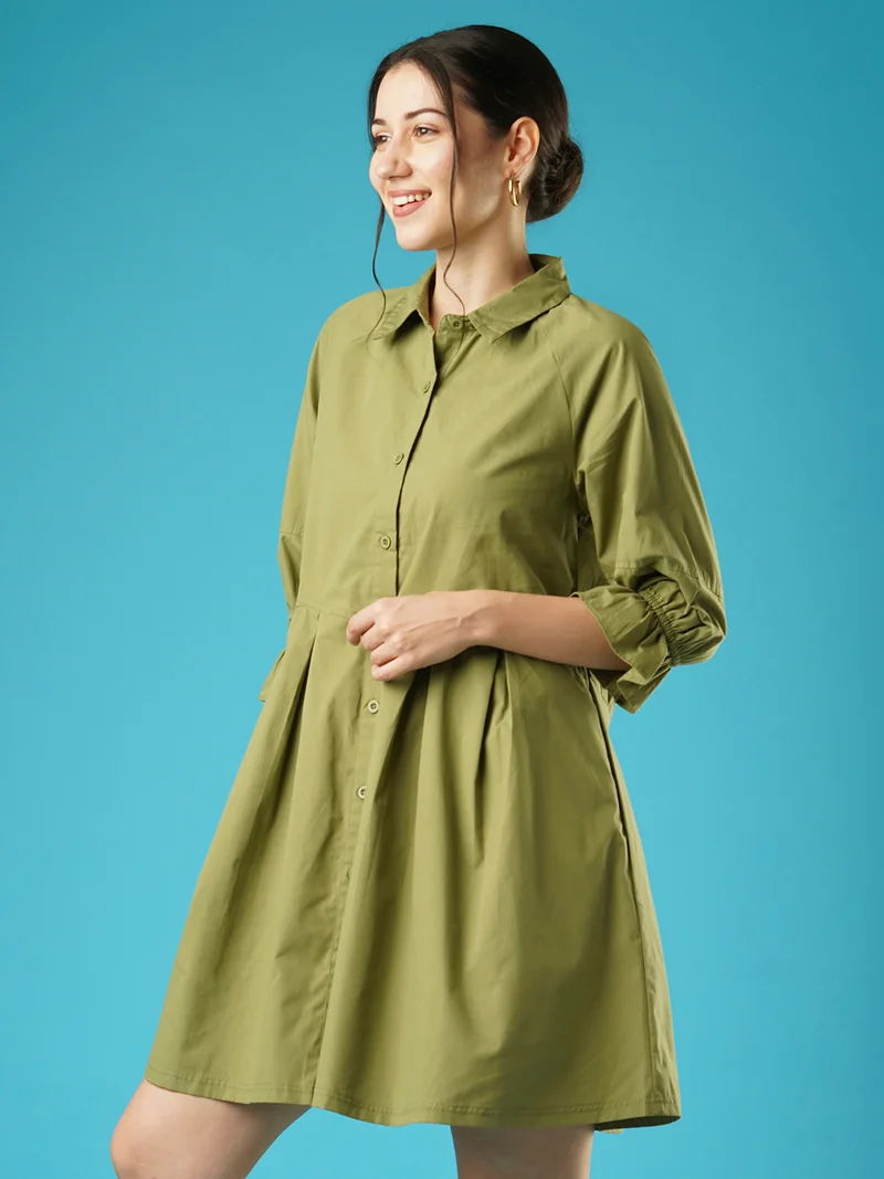 globus Women Cuffed Sleeves Pleated Shirt Dress