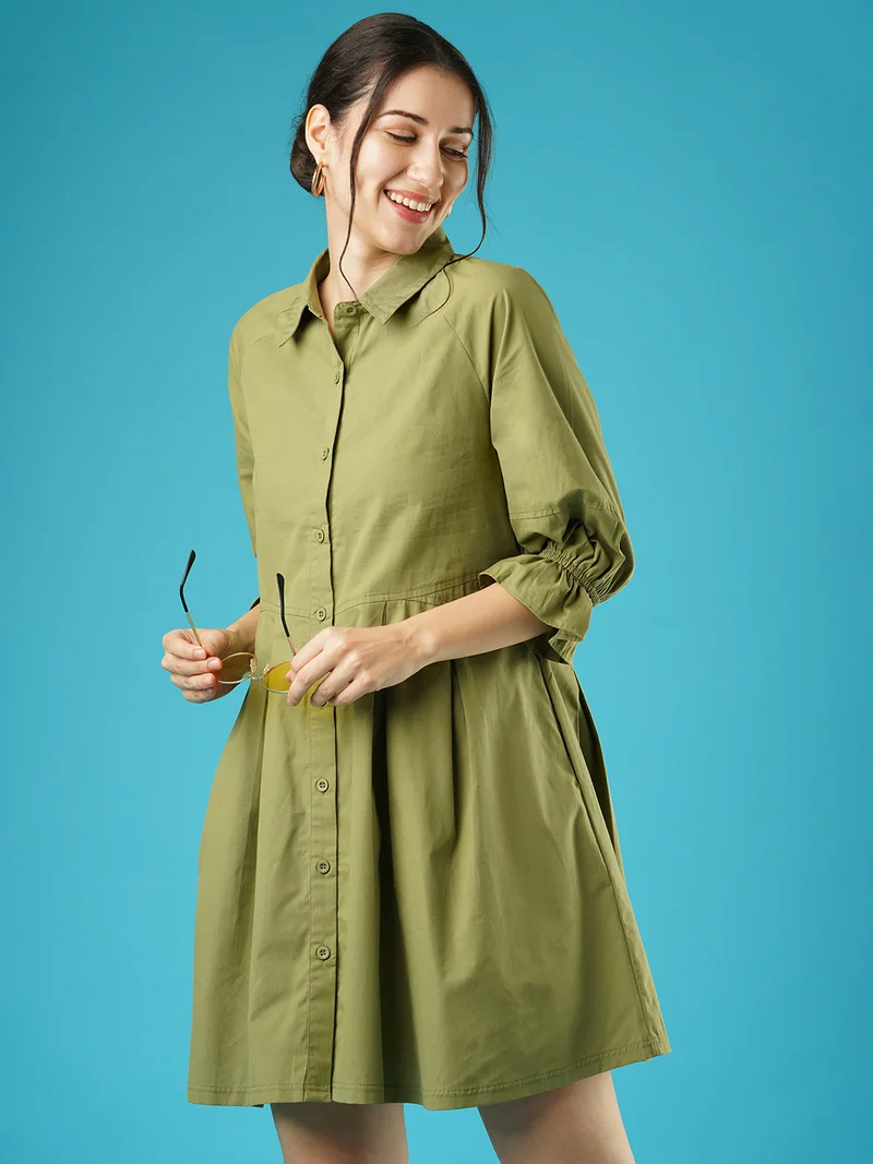 globus Women Cuffed Sleeves Pleated Shirt Dress