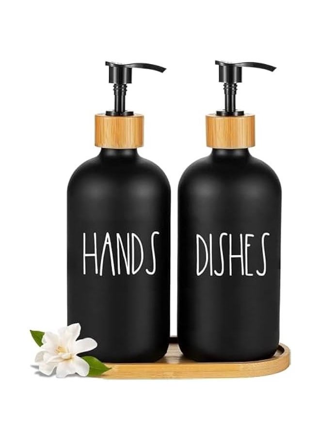 HOOKOR Glass Soap Dispenser Set with Tray, 2 Pack Hand and Dish Soap Dispenser Set for Bathroom and Kitchen Bottle Dispenser with Dish Soap, Hand Soap, Lotion 17 Oz (Black)  - Image 1