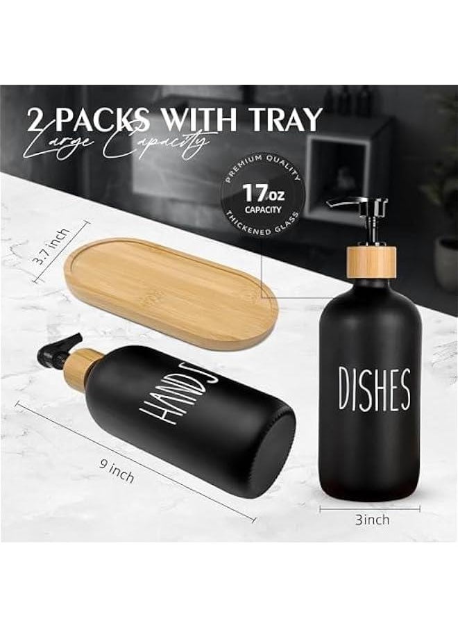 HOOKOR Glass Soap Dispenser Set with Tray, 2 Pack Hand and Dish Soap Dispenser Set for Bathroom and Kitchen Bottle Dispenser with Dish Soap, Hand Soap, Lotion 17 Oz (Black)  - Image 2