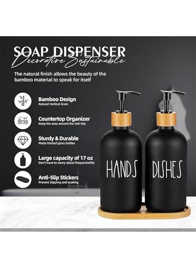 HOOKOR Glass Soap Dispenser Set with Tray, 2 Pack Hand and Dish Soap Dispenser Set for Bathroom and Kitchen Bottle Dispenser with Dish Soap, Hand Soap, Lotion 17 Oz (Black)  - Image 3