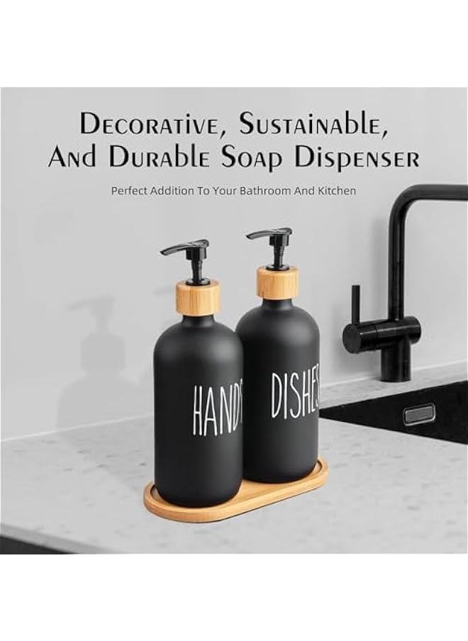 HOOKOR Glass Soap Dispenser Set with Tray, 2 Pack Hand and Dish Soap Dispenser Set for Bathroom and Kitchen Bottle Dispenser with Dish Soap, Hand Soap, Lotion 17 Oz (Black)  - Image 4