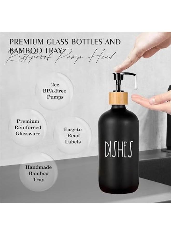 HOOKOR Glass Soap Dispenser Set with Tray, 2 Pack Hand and Dish Soap Dispenser Set for Bathroom and Kitchen Bottle Dispenser with Dish Soap, Hand Soap, Lotion 17 Oz (Black)  - Image 5