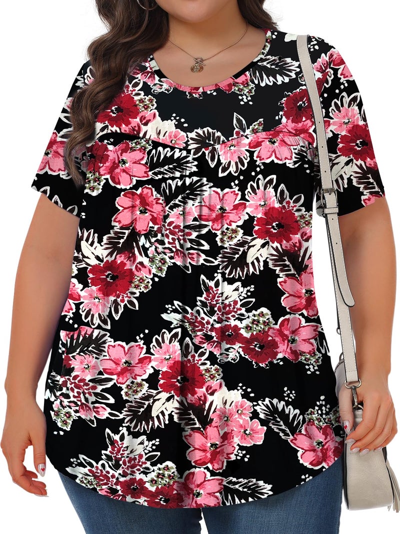 Tencede Womens Plus Size Tops Tunic Short Sleeve Crew Neck Shirts Casual Soft Blouse Black Begonia Flower 3X - Image 2