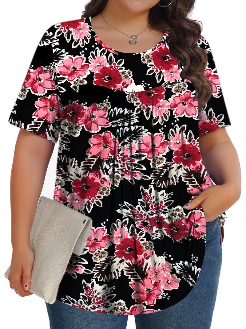 Tencede Womens Plus Size Tops Tunic Short Sleeve Crew Neck Shirts Casual Soft Blouse Black Begonia Flower 3X - Image 1