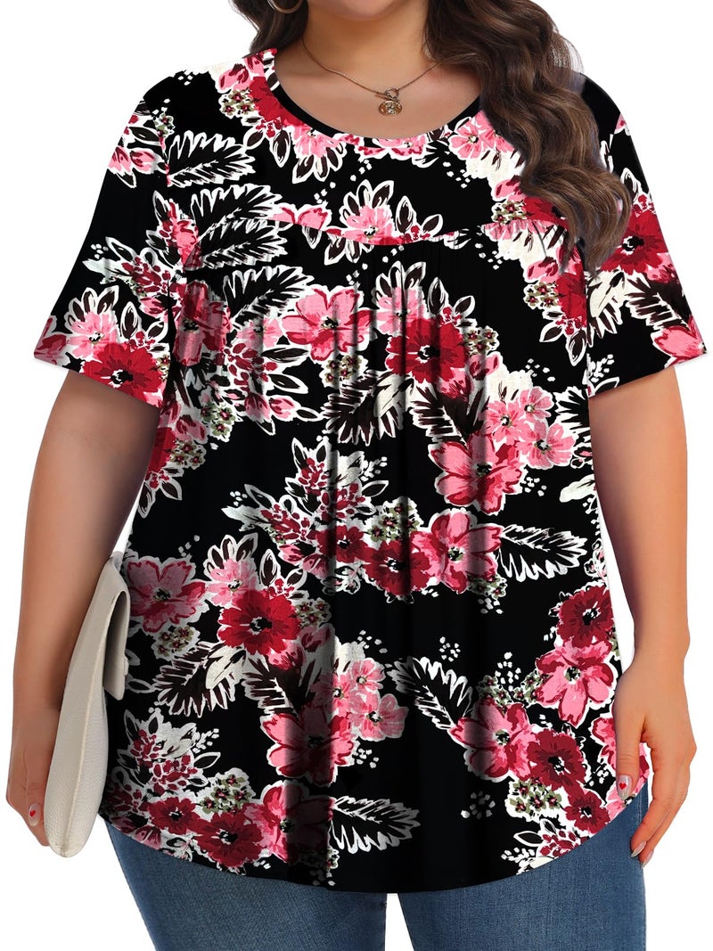 Tencede Womens Plus Size Tops Tunic Short Sleeve Crew Neck Shirts Casual Soft Blouse Black Begonia Flower 3X - Image 3