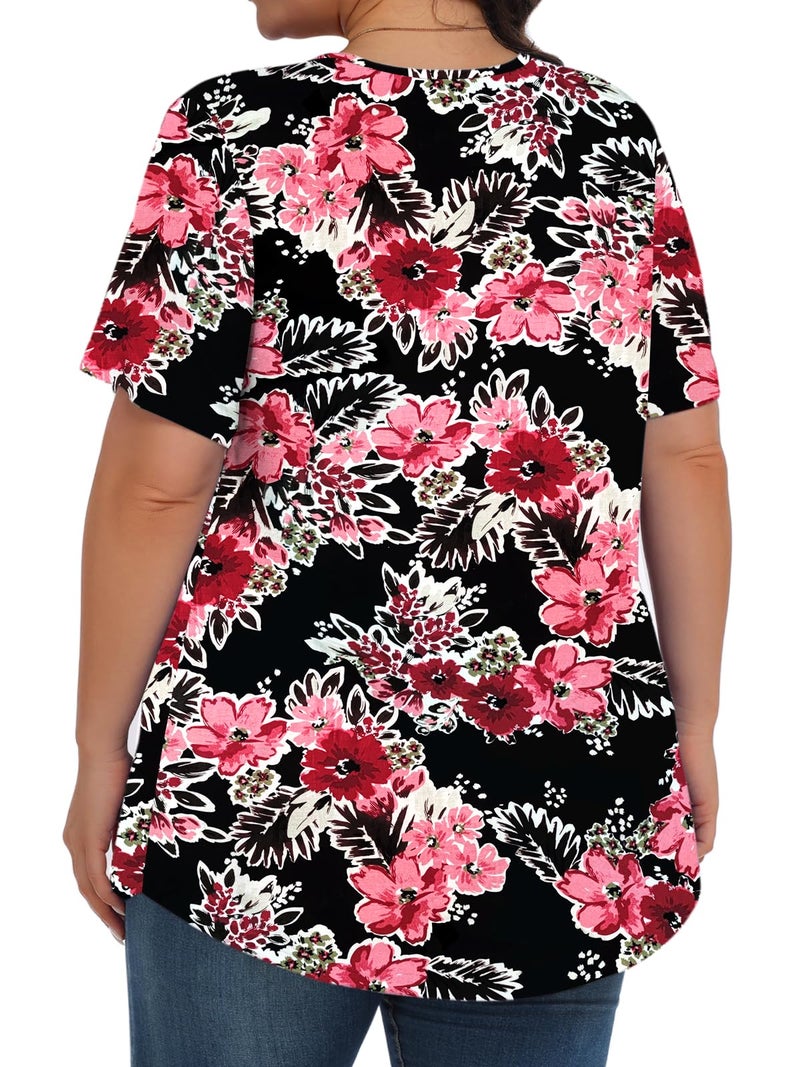 Tencede Womens Plus Size Tops Tunic Short Sleeve Crew Neck Shirts Casual Soft Blouse Black Begonia Flower 3X - Image 4