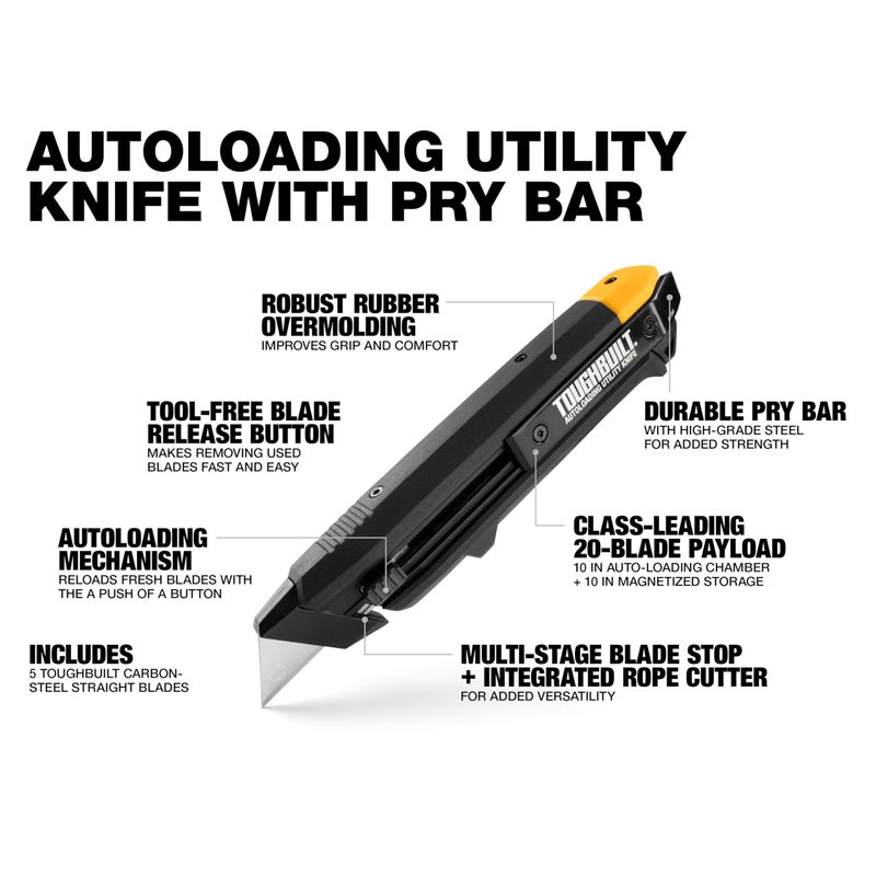 ToughBuilt â€“ Autoloading Utility Knife, Heavy-Duty Retractable Knife with Built-In Blade Magazine, Quick-Change Mechanism, and All-Metal Construction (TB-H4-10-A) - Image 3