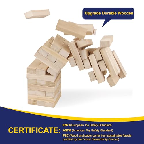 Offelec Giant Tumble Tower Games for Kids Adults, 54 Wooden Blocks Stacking to Over 4 FT Stacking Tumbling Blocks, Family Floor/Board Indoor/Outdoor Yard Games with Carry/Storage Bag Stacking Toys - Image 3