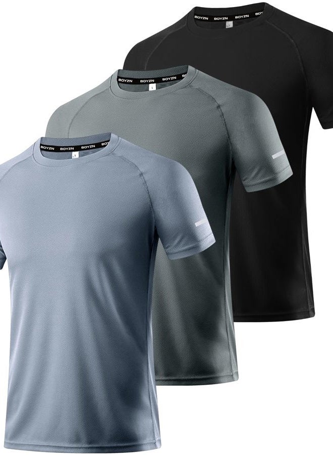 Boyzn قمصان رياضية للرجال 3 عبوات جافة تناسب الرقبة Crew Neck تي شيرتات رياضية للجري في صالة الألعاب الرياضية بأكمام قصيرة باللون الأسود/ الرمادي/ الرمادي الداكن-3P11-XL - Image 1