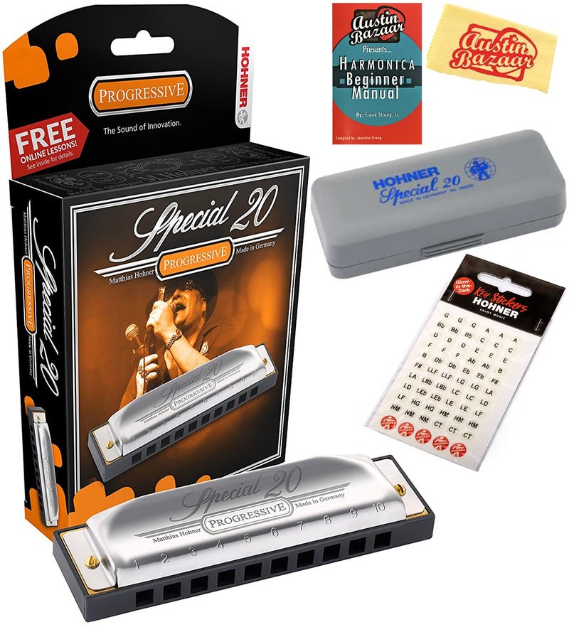 Hohner Special 20 Harmonica - Key of C Bundle with Key Stickers, Plastic Case, Instructional Manual, and Austin Bazaar Polishing Cloth - Image 1