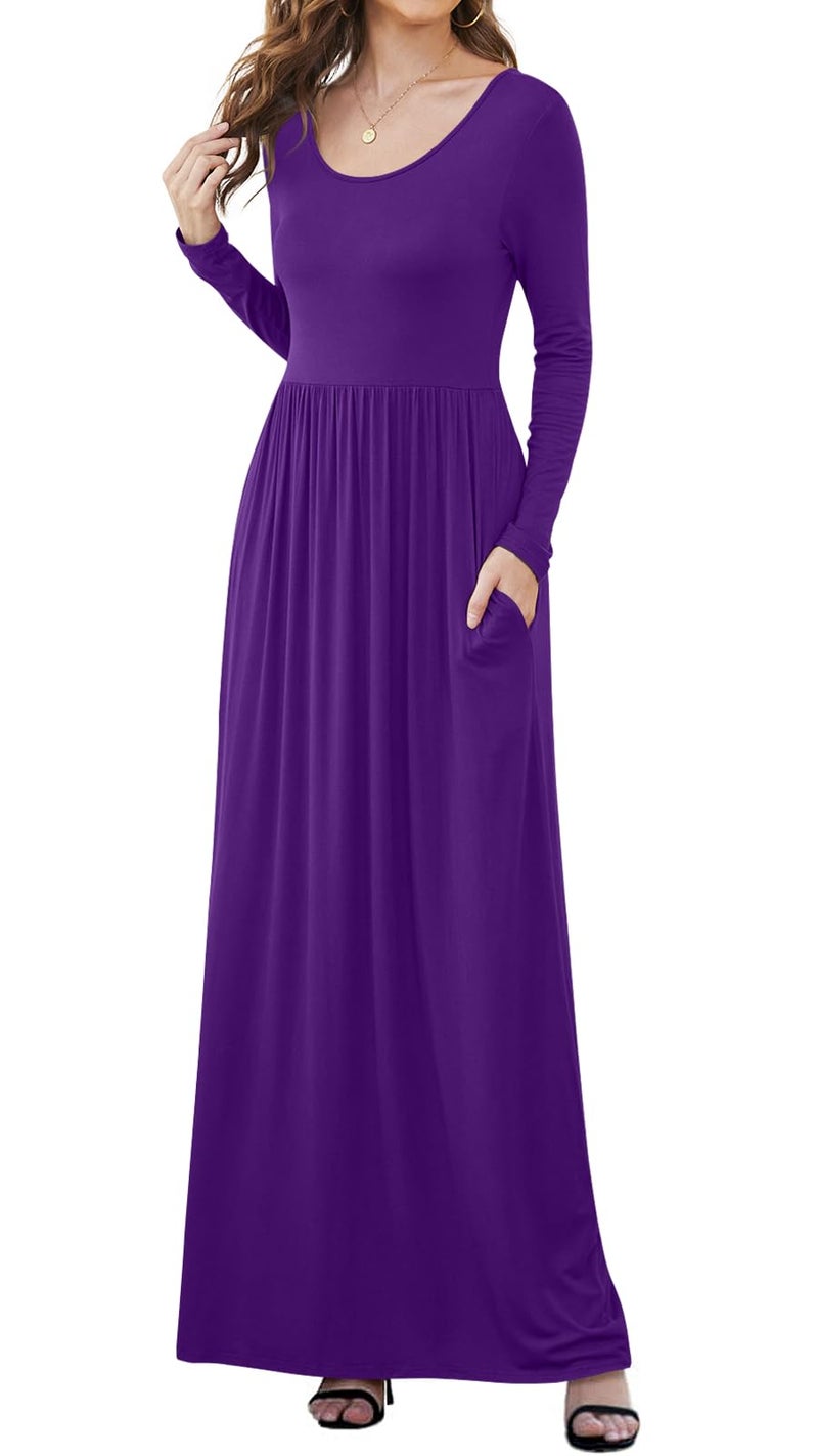 DB MOON Women Casual Long Sleeve Purple Maxi Dresses Empire Waist Long Dress with Pocket M - Image 2