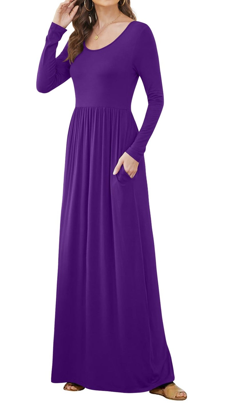 DB MOON Women Casual Long Sleeve Purple Maxi Dresses Empire Waist Long Dress with Pocket M - Image 4