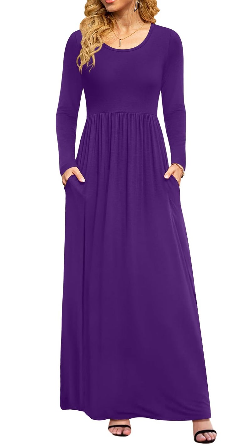 DB MOON Women Casual Long Sleeve Purple Maxi Dresses Empire Waist Long Dress with Pocket M - Image 1