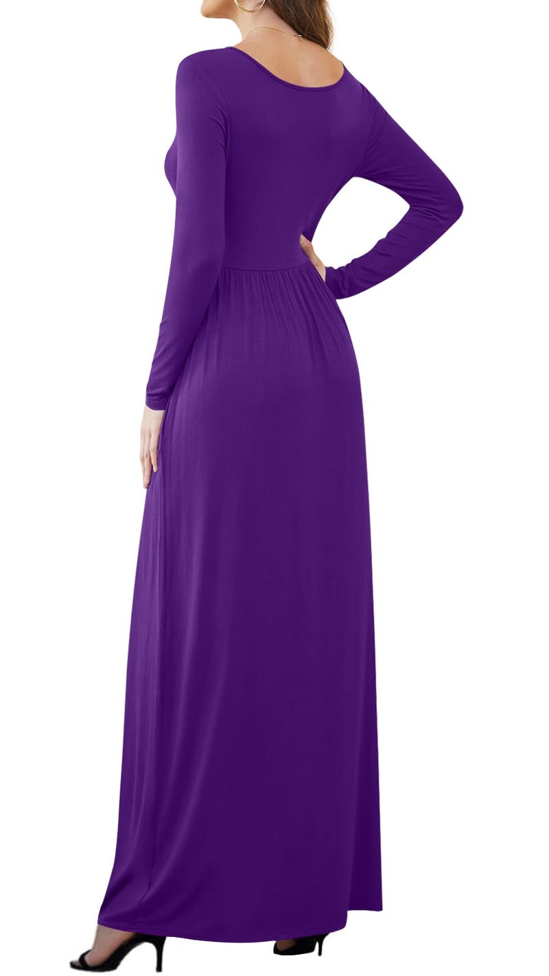 DB MOON Women Casual Long Sleeve Purple Maxi Dresses Empire Waist Long Dress with Pocket M - Image 3
