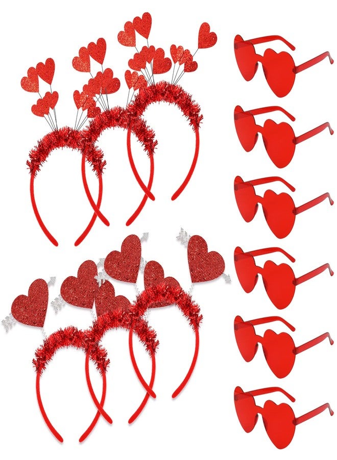 Whaline Valentine Party Accessories 6Pcs Glitter Red Heart Bopper Headbands and 6 Pairs Heart Shape Eyeglasses Love Arrow Sparkling Hairband Transparent Eyewear for Wedding Party Favor Supplies - Image 1