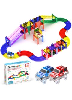 PicassoTiles PicassoTiles Race Car Track Magnetic Building Blocks Set with 2 Toy LED Cars ( 50 pieces )  - Image 1