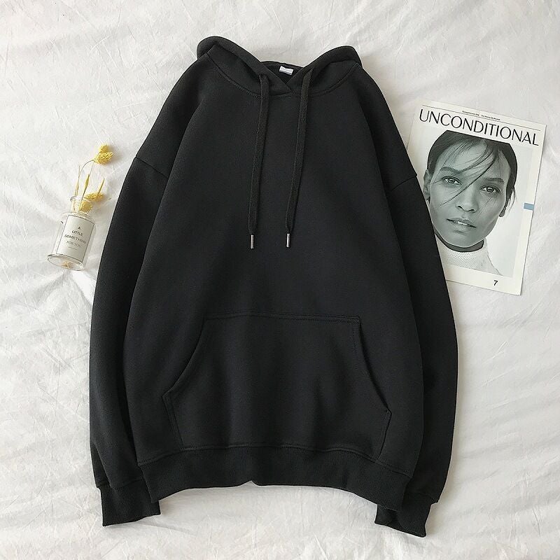 2020 Trendy Korean Hooded Fleece Sweatshirt Casual Loose Mens Black