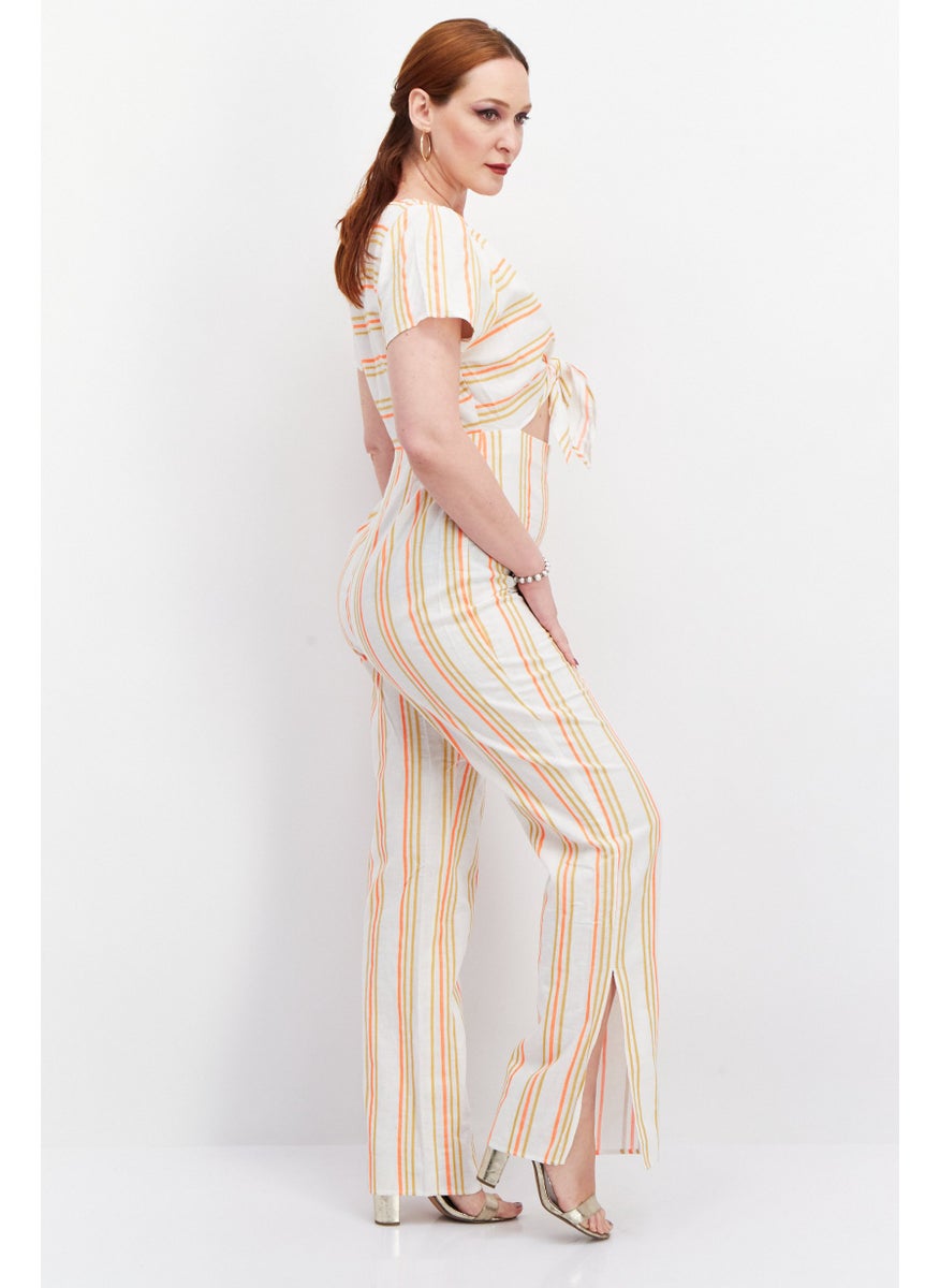 KENDALL + KYLIE - Women Stripe Print Short Sleeves Jumpsuit, Beige - Image 1