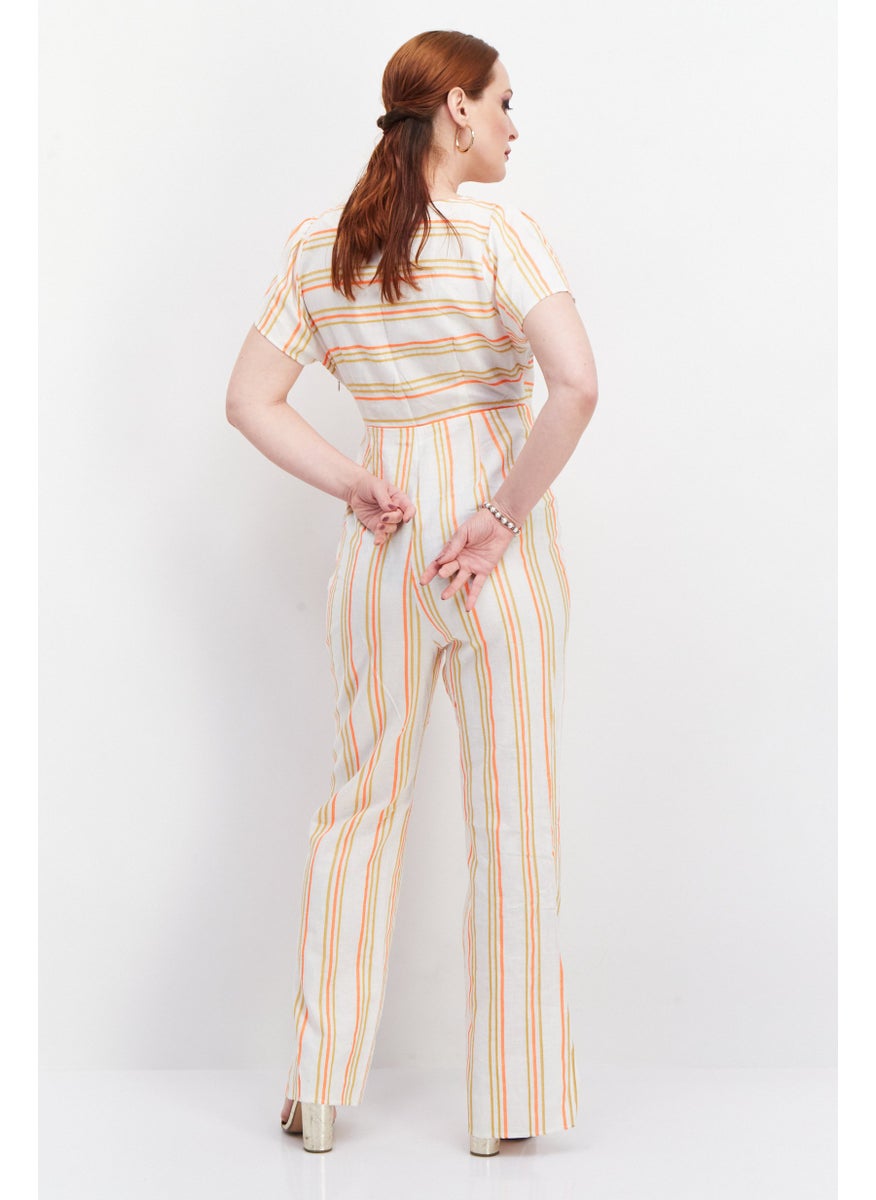 KENDALL + KYLIE - Women Stripe Print Short Sleeves Jumpsuit, Beige - Image 1