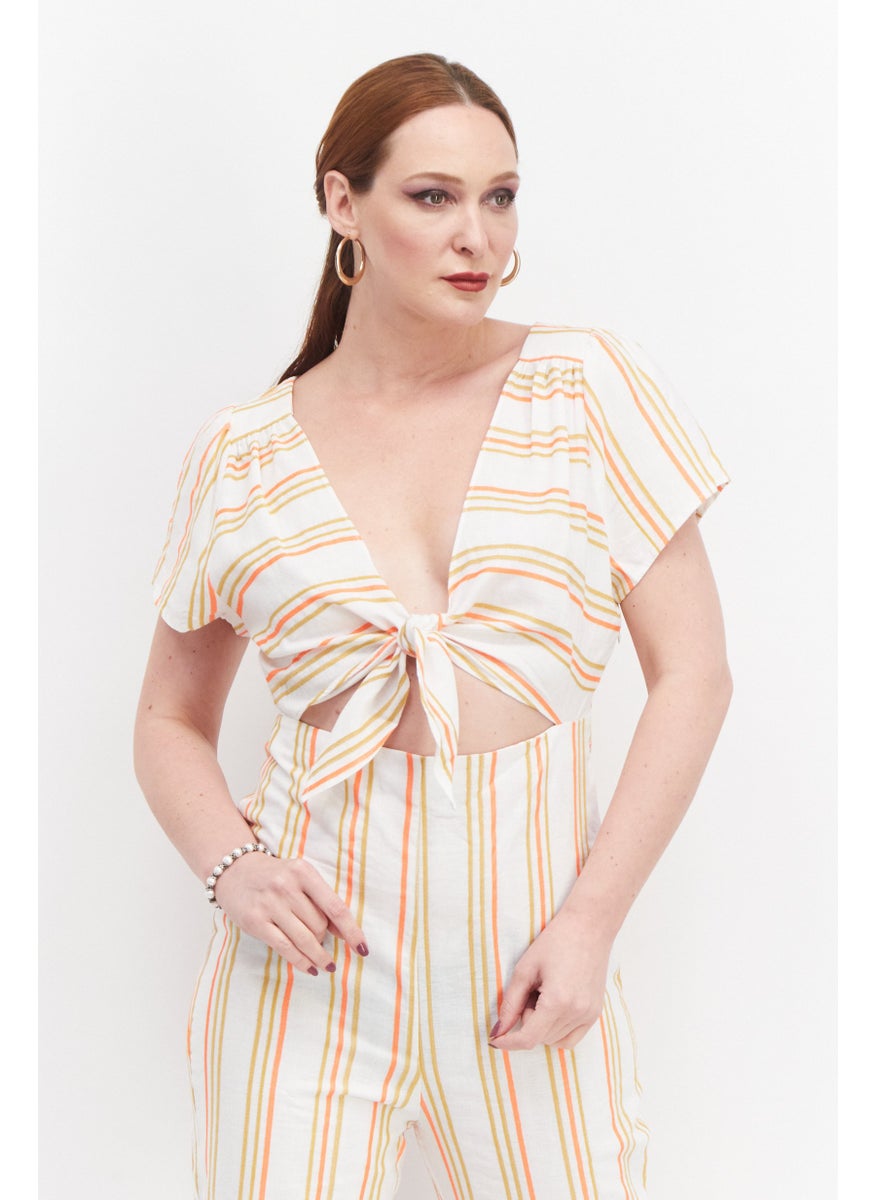 KENDALL + KYLIE - Women Stripe Print Short Sleeves Jumpsuit, Beige - Image 1