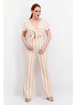 Women Stripe Print Short Sleeves Jumpsuit, Beige