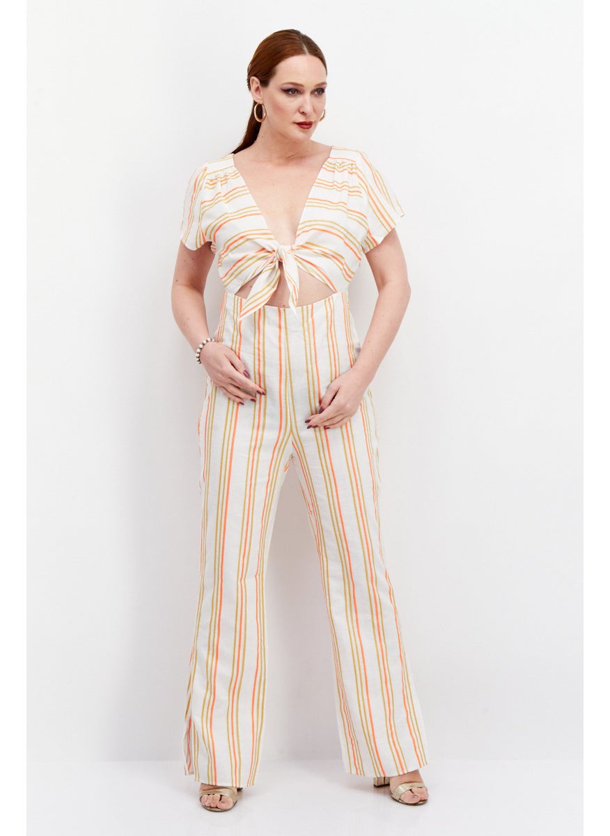KENDALL + KYLIE - Women Stripe Print Short Sleeves Jumpsuit, Beige - Image 1
