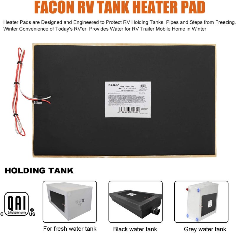 FACON 12" x 18"12V RV Tank Heater Pad with Thermostat - 2Pack, 12Volts Heating Pads Prevents Freezing for 50 Gallons Fresh/Grey/Black Holding Water Tanks, QAI Certified - Image 5