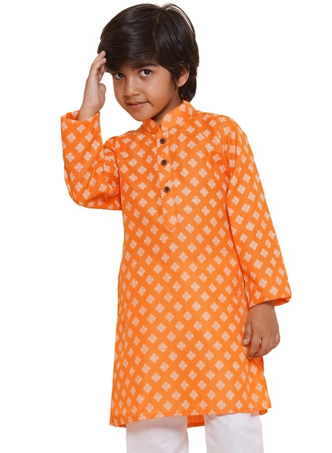 AJ DEZINES Kids Ethnic Wear Cotton Printed Orange Kurta for Boys (Only Kurta) (DUP_KURTA-K-3046-ORANGE-1) - Image 1