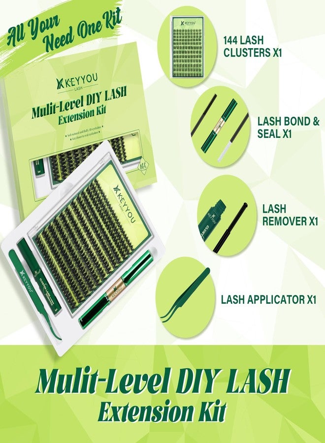 KEYYOU Lash Extension Kit 3D Effect Volume Lash Clusters Kit 144pcs D Curl Waterproof Kit DIY Eyelash Extension Kit with Bond and Seal Lashes Glue Remover Applicators (Kit-PuffSilk V3D01-8-18MIX) - Image 2