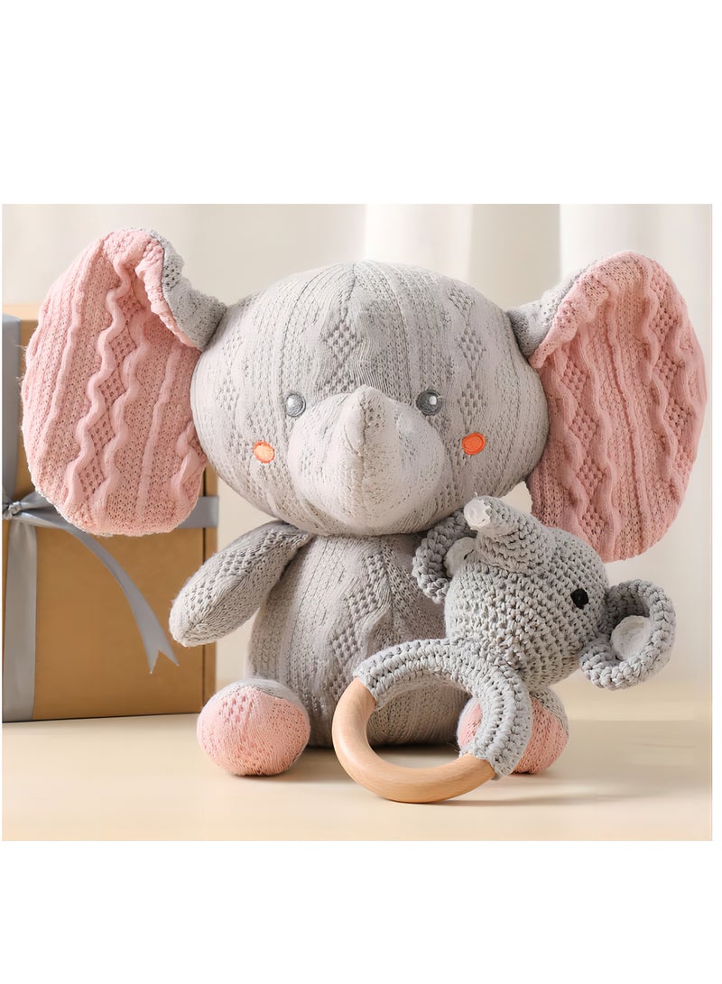 SYOSI Elephant Plush Stuffed Animal Toy for 3-6 Months Newborn, Stuffed Animal Toy and Wooden Rattle Elephant Plush Toy Stuffed Animal Toy Handmade Elephant Crochet for Newborn Sleeping and Teething - Image 1
