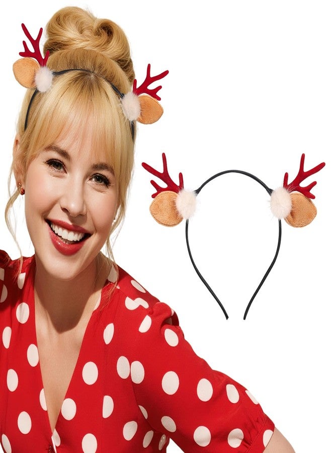 Etercycle Antler Headband, Cute Deer Ear Christmas Headbands for Women, Red Elk Hair Bands Reindeer Christmas Party Headbands - Image 1