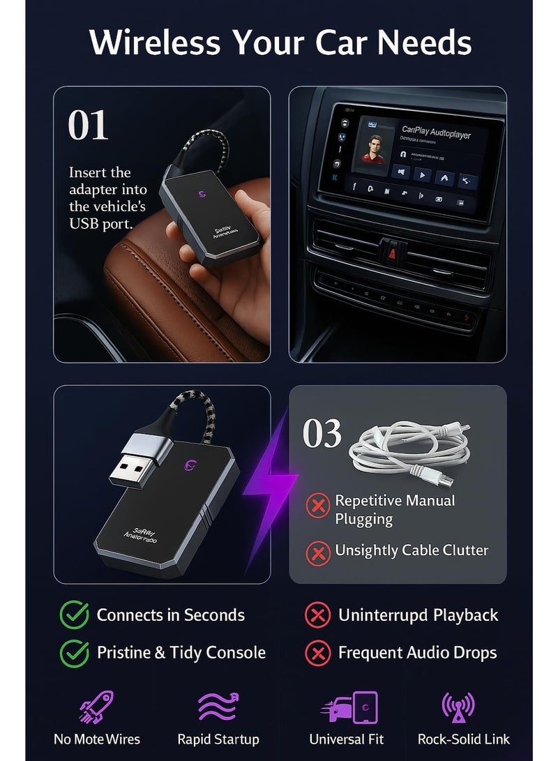 محول لاسلكي 2 في 1 لأجهزة iPhone وAndroid Auto CarPlay وAndroid Auto، دونجل CarPlay سهل التركيب والتشغيل، يحول الاتصال السلكي إلى لاسلكي، اتصال تلقائي سريع، بدون تأخير، تصميم صغير لأجهزة iPhone وAndroid. - Image 3