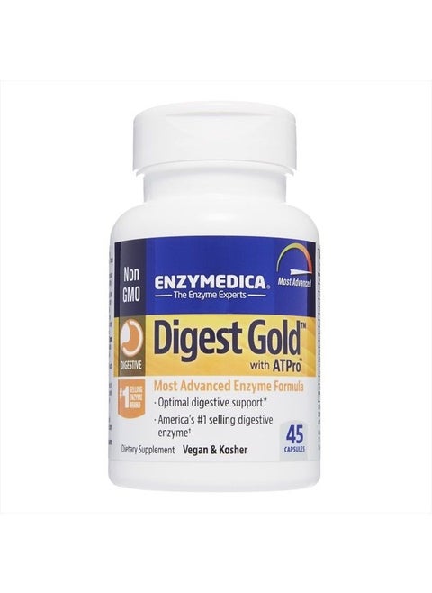 Digest Gold + ATPro, Maximum Strength Enzyme Formula, Prevents Bloating and Gas, 14 Key Enzymes Including Amylase, Protease, Lipase and Lactase, 45 Capsules (FFP)