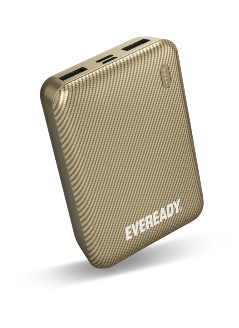 Fast Charger Portable Power Bank Mini 10000mAh - Compact Battery w/ Charge Indicator, 2x INPUT PORTS (1x USB-C, 1x Micro USB), 2 OUTPUT PORTS (2x USB-A), for iPhone, iPad, Android, Samsung - Gold