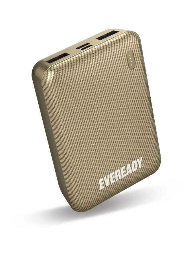 Fast Charger Portable Power Bank Mini 10000mAh - Compact Battery w/ Charge Indicator, 2x INPUT PORTS (1x USB-C, 1x Micro USB), 2 OUTPUT PORTS (2x USB-A), for iPhone, iPad, Android, Samsung - Gold