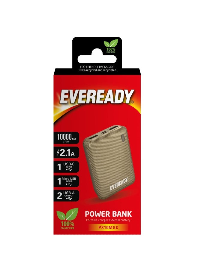 Fast Charger Portable Power Bank Mini 10000mAh - Compact Battery w/ Charge Indicator, 2x INPUT PORTS (1x USB-C, 1x Micro USB), 2 OUTPUT PORTS (2x USB-A), for iPhone, iPad, Android, Samsung - Gold