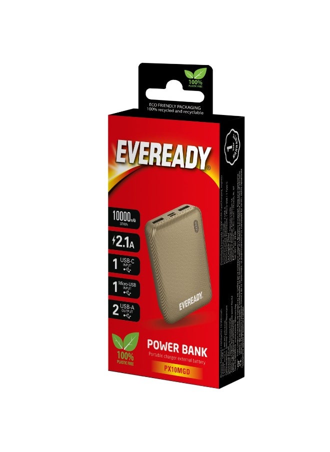 Fast Charger Portable Power Bank Mini 10000mAh - Compact Battery w/ Charge Indicator, 2x INPUT PORTS (1x USB-C, 1x Micro USB), 2 OUTPUT PORTS (2x USB-A), for iPhone, iPad, Android, Samsung - Gold