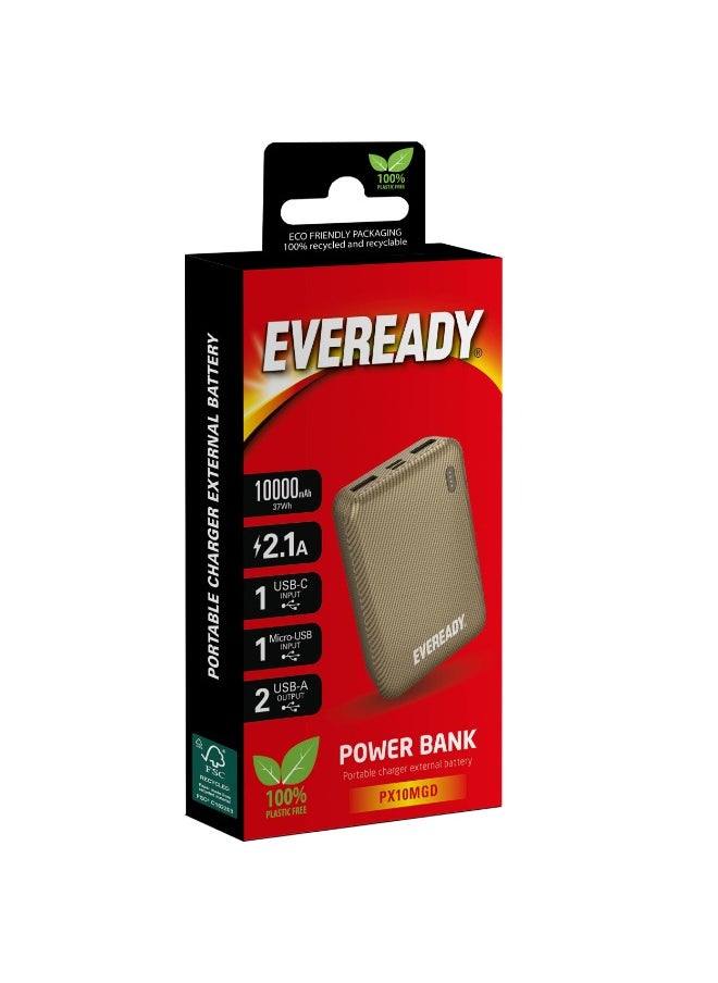 Fast Charger Portable Power Bank Mini 10000mAh - Compact Battery w/ Charge Indicator, 2x INPUT PORTS (1x USB-C, 1x Micro USB), 2 OUTPUT PORTS (2x USB-A), for iPhone, iPad, Android, Samsung - Gold