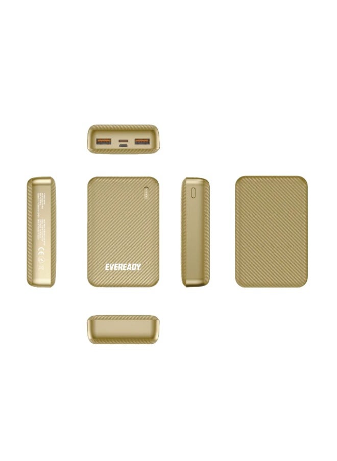 Fast Charger Portable Power Bank Mini 10000mAh - Compact Battery w/ Charge Indicator, 2x INPUT PORTS (1x USB-C, 1x Micro USB), 2 OUTPUT PORTS (2x USB-A), for iPhone, iPad, Android, Samsung - Gold