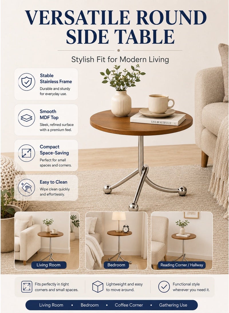 HUMJO Side Table Small Round Coffee Table with Stainless Steel Metal Frame, Laptop Holder Table,Small Service Tables for Living Room End table for Sofa Bedside Balcony Leisure Bedroom Small Spaces - Image 1